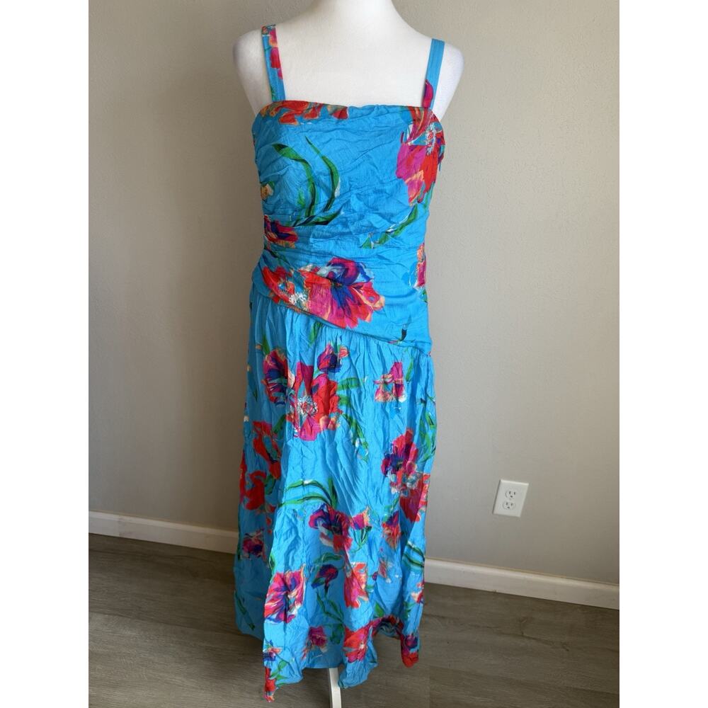 Zarr Collection Taylor Asymmetrical Drop Waist Blue Floral Maxi Dress Womens 8